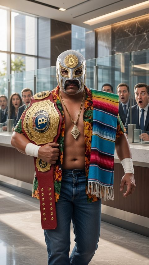 El Santoshi walks into a glass-walled bank lobby with a championship belt on his shoulder while shocked bankers in suits stare from behind the counter.