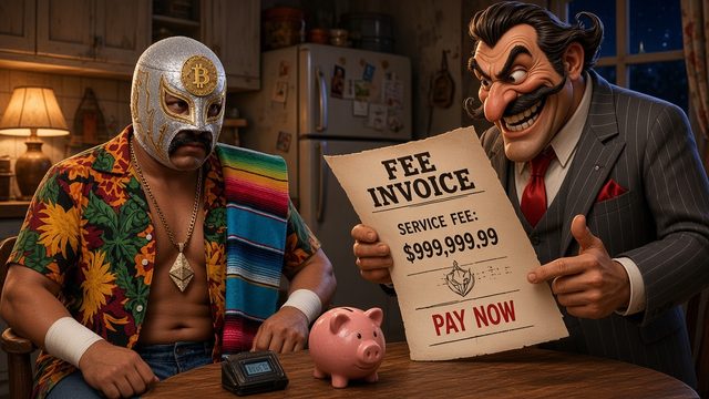 Cartoon scene at a kitchen table: a grinning, mustached banker in a pinstripe suit shows El Santoshi a fee invoice for a $999,999.99 service fee marked PAY NOW, next to a piggy bank.