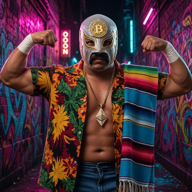El Santoshi flexing both arms in a neon graffiti alley: silver luchador mask with a gold Bitcoin emblem, thick mustache, open floral Hawaiian shirt, striped serape on his shoulder and a gold chain.