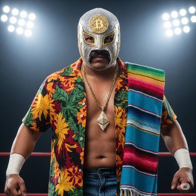 El Santoshi standing in a wrestling ring under stadium lights, wearing his silver Bitcoin mask, floral shirt, serape and gold chain.